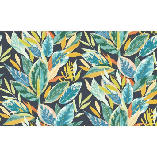 Természetes "függöny" fikusz levelekből dinamikusan rétegzett digitális nyomású minta tintakék világoskék türkiz sárga és zöld tónus tapéta