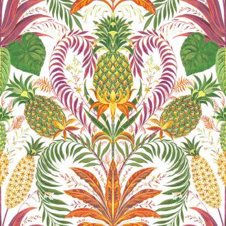   Morris stílusú ornamentika és a brazil temperamentum egyedülálló találkozása fehér pink/fuchsia narancs sötétzöld és aranybarna tapéta