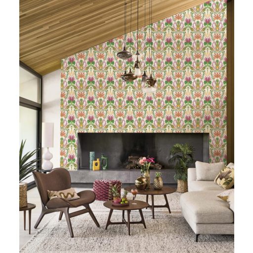 Morris stílusú ornamentika és a brazil temperamentum egyedülálló találkozása fehér pink/fuchsia narancs sötétzöld és aranybarna tapéta