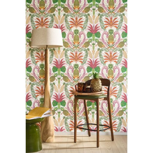 Morris stílusú ornamentika és a brazil temperamentum egyedülálló találkozása fehér pink/fuchsia narancs sötétzöld és aranybarna tapéta