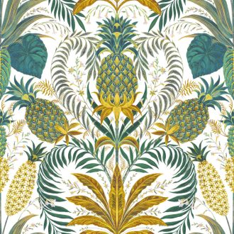   Morris stílusú ornamentika és a brazil temperamentum egyedülálló találkozása fehér zöldeskék/teal/ kék zöld és aranybarna tónus tapéta