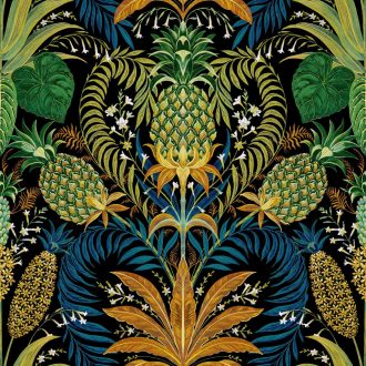   Morris stílusú ornamentika és a brazil temperamentum egyedülálló találkozása fekete kék zöld arany és fehér tónus tapéta