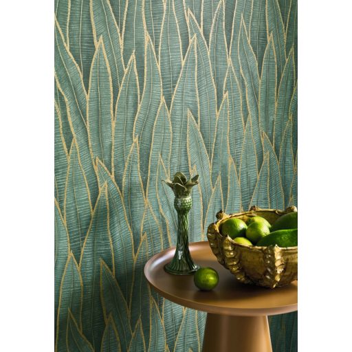 Szanzavéra lándzsa alakú levelei finom szemcsékkel kialakított mintarajzolattal erdőzöld mohazöld és arany/aranybarna tónus tapéta