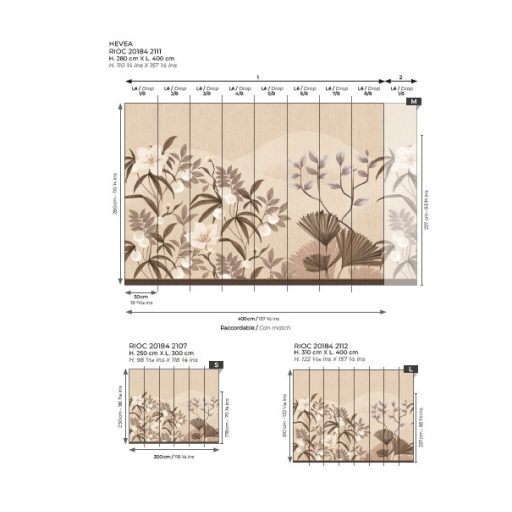 Elvarázsolt botanikai kert motívum virágok bogyók és legyezőformájú levelek "S" bézs homokszín krém púderrózsaszín levendula és barna falpanel