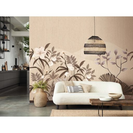 Elvarázsolt botanikai kert motívum virágok bogyók és legyezőformájú levelek "L" bézs homokszín krém púderrózsaszín levendula és barna falpanel