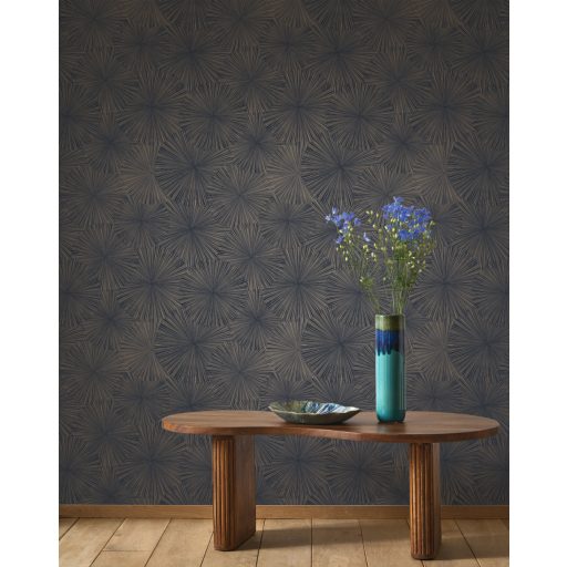 Dinamikus a nap sugaraira emlékeztető grafikus minta sötét tintakék és arany tónus finom mintafény tapéta