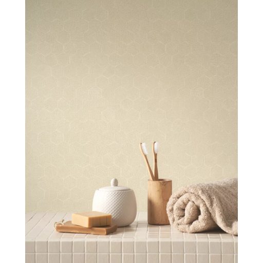 Méhsejtek geometriai tökéletessége - szabályos hatszögek fémes irizáló mintája homokszín vajszín és pezsgő tónus tapéta