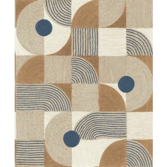   Bauhaus inspiráció - Ívek körök vonalak játékos geometriai kompozíciója krémfehér bézs ultramarinkék és karamell tónus tapéta