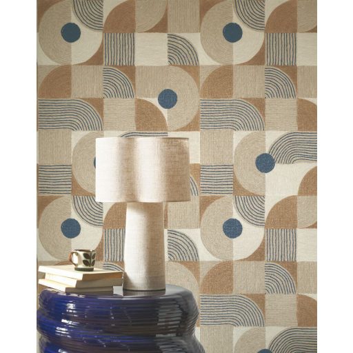 Bauhaus inspiráció - Ívek körök vonalak játékos geometriai kompozíciója krémfehér bézs ultramarinkék és karamell tónus tapéta