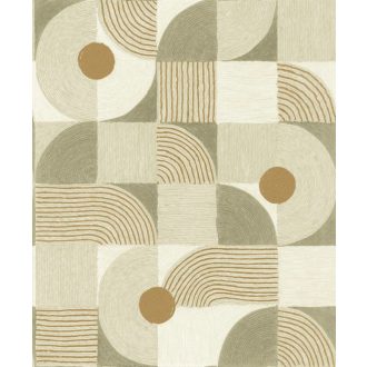   Bauhaus inspiráció - Ívek körök vonalak játékos geometriai kompozíciója krém okker zsályazöld és honmokszín tónus tapéta
