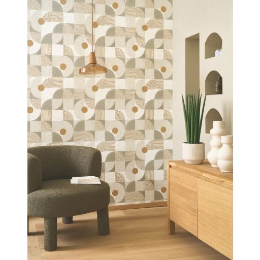 Bauhaus inspiráció - Ívek körök vonalak játékos geometriai kompozíciója krém okker zsályazöld és honmokszín tónus tapéta