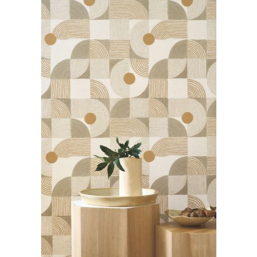 Bauhaus inspiráció - Ívek körök vonalak játékos geometriai kompozíciója krém okker zsályazöld és honmokszín tónus tapéta