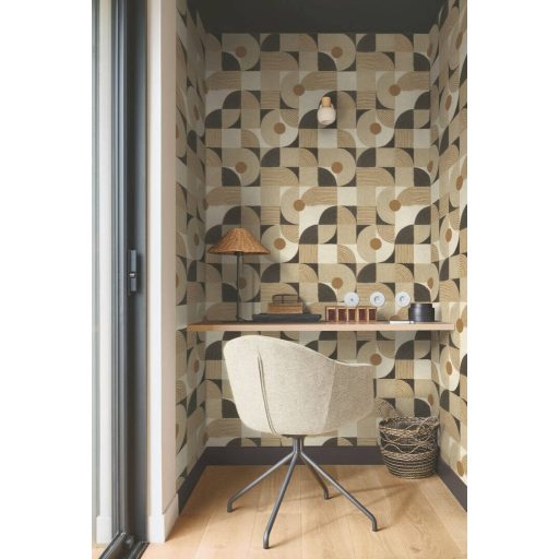 Bauhaus inspiráció - Ívek körök vonalak játékos geometriai kompozíciója krém bézs aranyló-homokszín és antracit/szénfekete tapéta