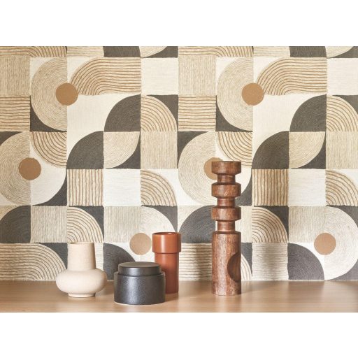 Bauhaus inspiráció - Ívek körök vonalak játékos geometriai kompozíciója krém bézs aranyló-homokszín és antracit/szénfekete tapéta