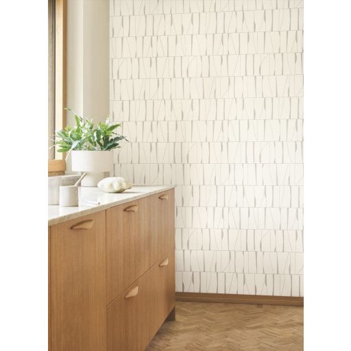 Szabálytalan téglalapokba rendezett absztrakt jelek művészi mintája krétafehér bézs/szürkésbézs tónus tapéta