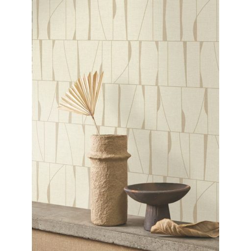 Szabálytalan téglalapokba rendezett absztrakt jelek művészi mintája krém és homokszín tónus tapéta