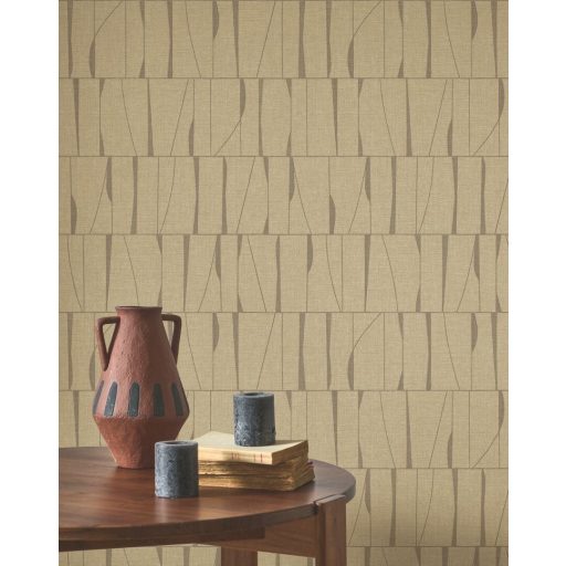 Szabálytalan téglalapokba rendezett absztrakt jelek művészi mintája lenbézs és dohánybarna tónus tapéta