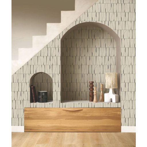 Szabálytalan téglalapokba rendezett absztrakt jelek művészi mintája bézs és szénszürke tónus tapéta