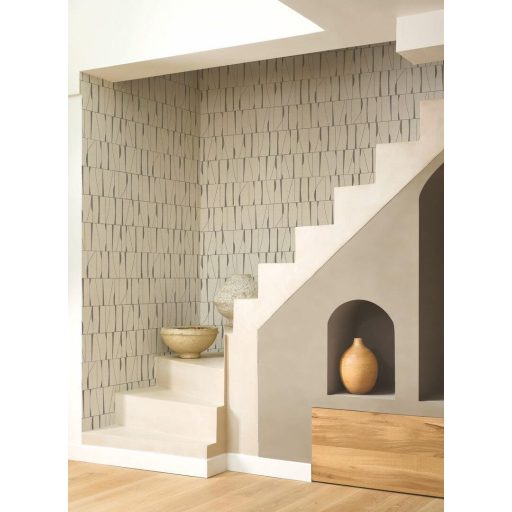 Szabálytalan téglalapokba rendezett absztrakt jelek művészi mintája bézs és szénszürke tónus tapéta