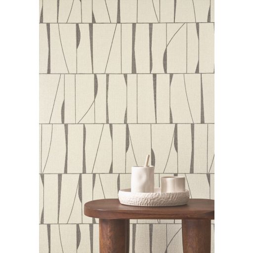 Szabálytalan téglalapokba rendezett absztrakt jelek művészi mintája bézs és szénszürke tónus tapéta