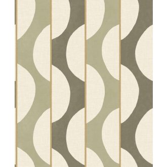   Csíkok és görbületek ritmikus váltakozású mintája krémfehér zsályazöld és barna/szürkésbarna tónus tapéta