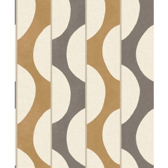   Csíkok és görbületek ritmikus váltakozású mintája krémfehér antracit/faszén és meleg arany tónus tapéta