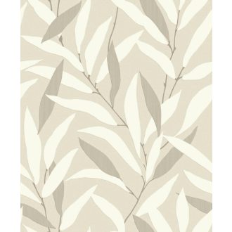   Japán fametszetek kecsessége intarzia hatású finom levélmotívum krétafehér homokszín és krémes szürkésbarna tónus tapéta