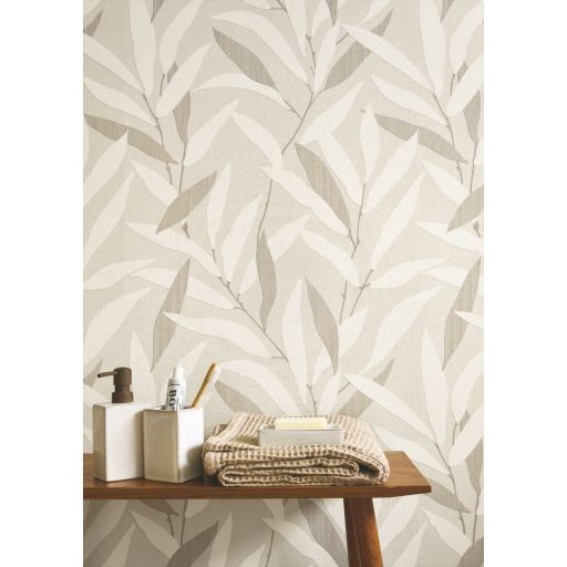 Japán fametszetek kecsessége intarzia hatású finom levélmotívum krétafehér homokszín és krémes szürkésbarna tónus tapéta