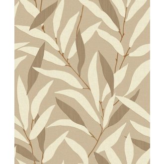   Japán fametszetek kecsessége intarzia hatású finom levélmotívum capuccino krémfehér szürkésbarna és aranybarna tónus tapéta