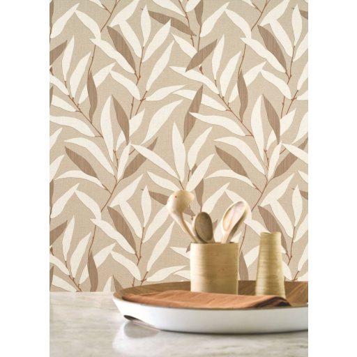 Japán fametszetek kecsessége intarzia hatású finom levélmotívum capuccino krémfehér szürkésbarna és aranybarna tónus tapéta