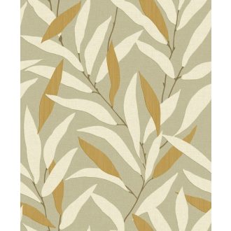   Japán fametszetek kecsessége intarzia hatású finom levélmotívum zsályazöld törtfehér napsárga és szürkészöld tónus tapéta