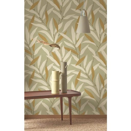 Japán fametszetek kecsessége intarzia hatású finom levélmotívum zsályazöld törtfehér napsárga és szürkészöld tónus tapéta