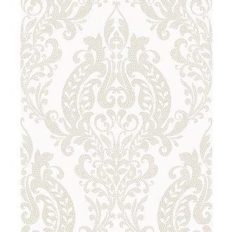   Barokk pompát modern eleganciával ötvöző damaszt mintázat antikfehér(krémfehér) és pezsgő/pezsgőarany tónus irizáló hatás tapéta