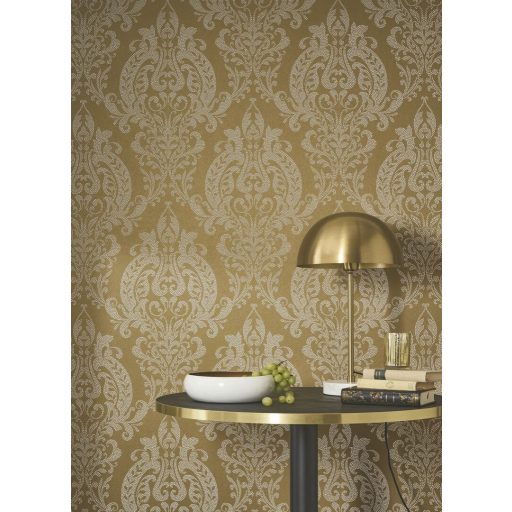 Barokk pompát modern eleganciával ötvöző damaszt mintázat meleg olívzöld/zöldes-bronz és ecru tónus irizáló hatás tapéta