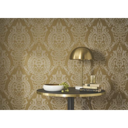 Barokk pompát modern eleganciával ötvöző damaszt mintázat meleg olívzöld/zöldes-bronz és ecru tónus irizáló hatás tapéta