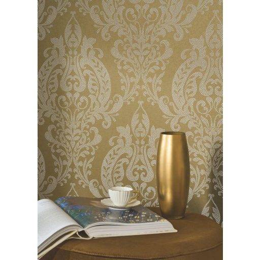 Barokk pompát modern eleganciával ötvöző damaszt mintázat meleg olívzöld/zöldes-bronz és ecru tónus irizáló hatás tapéta