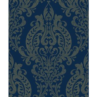   Barokk pompát modern eleganciával ötvöző damaszt mintázat tengerkék(poroszkék) és aranybarna tónus irizáló hatás tapéta