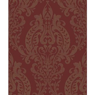   Barokk pompát modern eleganciával ötvöző damaszt mintázat vörösesbarna/operavörös és aranybarna tónus irizáló hatás tapéta