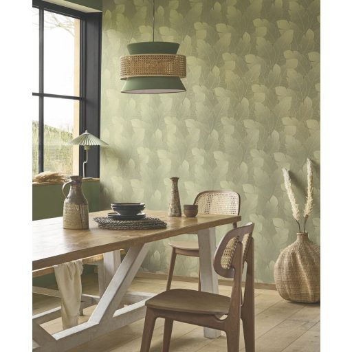 Könnyedén lebegő nagy texturált levelek mintája forradalmasítja a teret eukaliptuszzöld és arany tónus tapéta