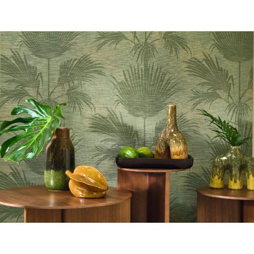 Újragondolt art deco pálmák az intarzia varázslatos világában lombzöld moha és olívzöld tónus irizáló hatás tapéta
