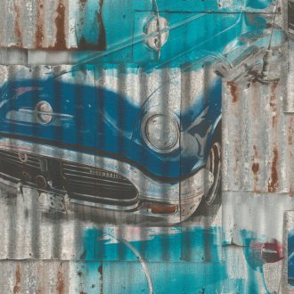  Rasch Kids & Teens III 212402 Gyerekszobai Oldtimer autók rozsdás lemezeken petrolkék szürke rozsdaszín tapéta