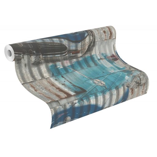 Rasch Kids & Teens III 212402 Gyerekszobai Oldtimer autók rozsdás lemezeken petrolkék szürke rozsdaszín tapéta