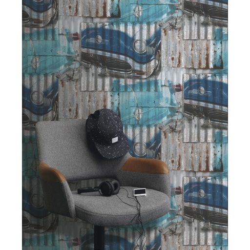 Rasch Kids & Teens III 212402 Gyerekszobai Oldtimer autók rozsdás lemezeken petrolkék szürke rozsdaszín tapéta