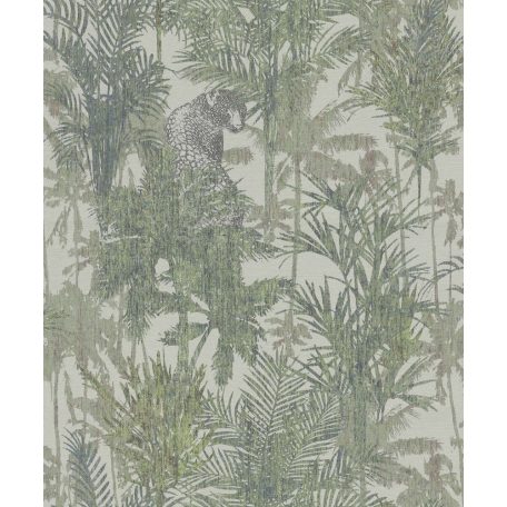 BN Panthera 220100 botanikus trópusi növények vadállatok ecru zöld sötétzöld tapéta