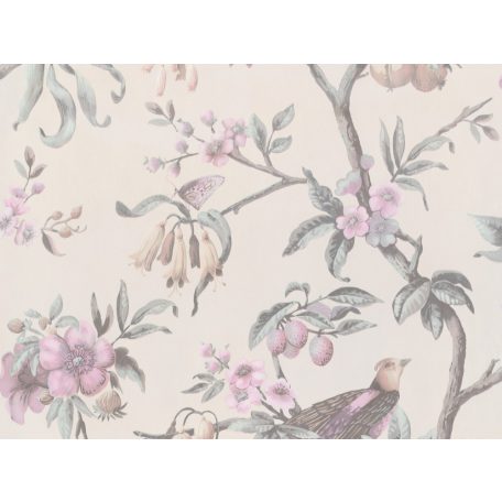 BN Fiore 220440 Natur virágos ágakon ülő madarak krémfehér szürkésbarna rózsaszín szines tapéta