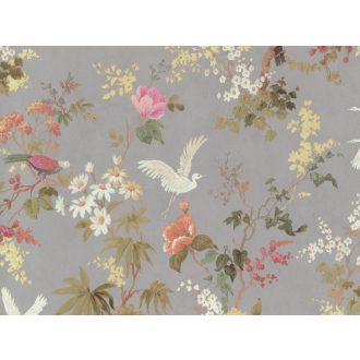   BN Fiore 220482 Virágos díszítőminta madarakkal szürke magenta szines tapéta