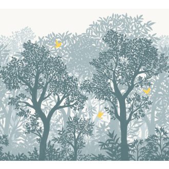   Lenyűgöző erdei kompozíció stilizált fák lombjával fehér szürkéskék halványzöld és kék tónus falpanel