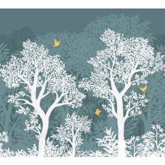   Lenyűgöző erdei kompozíció stilizált fák lombjával petrolkék fehér türkiz és aranysárga tónus falpanel