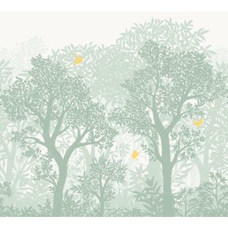   Lenyűgöző erdei kompozíció stilizált fák lombjával fehér/krémfehér pasztell mentazöld és halvány sárga tónus falpanel