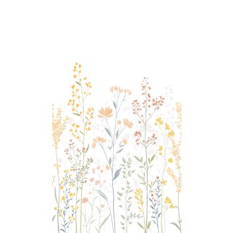   Akvarell botanikai vázlat karcsú réti virágokkal fehér narancs korall pezsgő és olívzöld tónus falpanel